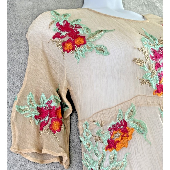 Soft Surroundings XS Mariella Silk Sheer Overlay Embroidery Floral Top Cottage - Picture 10 of 13